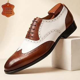 Men's Two-Tone Wingtip Oxford Dress Shoes, Brown White Brogue Leather Formal Shoes for Business Men, Wedding, Party, Banquet and Office Wear