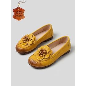 Women's Yellow Genuine Leather Floral Loafers – Comfortable Slip On Casual Moccasin Shoes for Walking, Travel, Daily Wear Outdoor