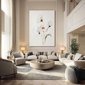 3D Elegant White Flower Oil Painting On Canvas Floral Creamy Textured Wall Art Abstract Unique Art Contemporary Living Room Decor