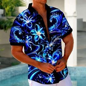 Men's Floral / Flower Tropical Plants Neon Glow Shirt Summer Hawaiian Shirt Tropical Shirts Short Sleeve Hawaiian Beach Vacation Wear Summer Spring Turndown 3D