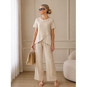 Women's T Shirt Pants Sets Bolero Short Sleeve Crew Neck Round Neck Solid Color Fashion Streetwear Daily Outdoor Vacation Almond Navy Blue Summer Loose Fit