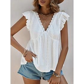 Easter Women's Shirt Blouse Eyelet Solid Color Elegant Vacation Sleeveless Sleeveless V Neck Regular Tops Casual Summer Light Blue Coffee brown Black White Sum