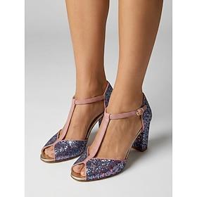 dame glitrende lilla glitterhæle - elegante T-rem peep toe bloksandaler med lyserøde læderdetaljer til resortmiddage og aftengallaer glamourøse sommerfester