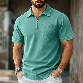 Herre Zip Polo 100% bomuldssyre-vaskeskjorte Afslappet Dagligdagstøj Lynlås Kvartals lynlås Kortærmet Mode Basale Vanlig Denimstof Lomme Nødfald Forår sommer S