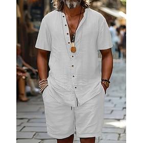 Men's 2 Piece Shirt Set Summer Set And Shorts Set Plain Casual Daily Vacation V Neck Short Sleeves Summer Spring Fashion Casual Comfortable Clothing Apparel