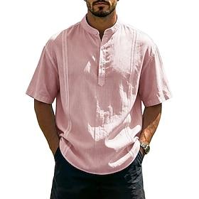 Men's Shirt Popover Shirt Summer Shirt Beach Shirt Cotton Linen Shirt Plain Casual Outdoor Black White Pink Sky Blue Short Sleeve Standing Collar Summer Spring