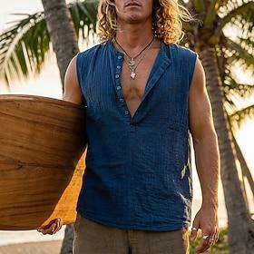 Men's Shirt Linen Shirt Summer Shirt Beach Shirt Plain Casual Daily Navy Blue Sleeveless Henley Summer Spring Clothing Apparel