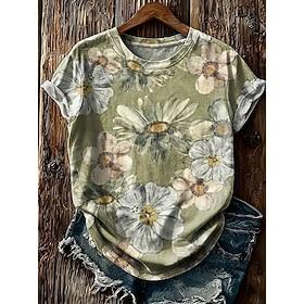 Women's T Shirt Print Floral Graphic Plants Fashion Stylish Classic Short Sleeve Crew Neck Regular Tops Casual Daily Weekend Light Green Beige Summer Spring