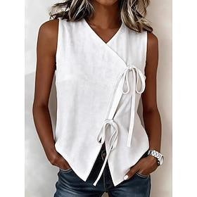 Women's T Shirt Faux Linen Shirt Tee Top Tie Front Plain Fashion Stylish Classic Sleeveless V Neck Regular Tops Casual Daily Going out Blue White Yellow Green