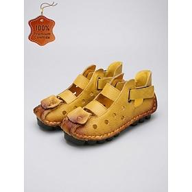 Women's Yellow Genuine Leather Closed Toe Sandals - Breathable Cutout Comfort Shoes with Magic Tape Strap for Walking, Travel, Daily Wear Outdoor