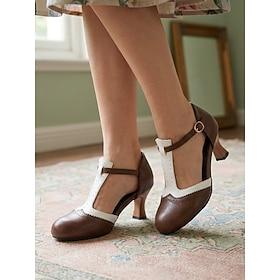 Women's 1950s Vintage T-Strap Pumps - Retro Two-Tone Brown and White Spectator Heels with Brogue Wingtip Detail for Rockabilly Parties, Swing Dancing Classic