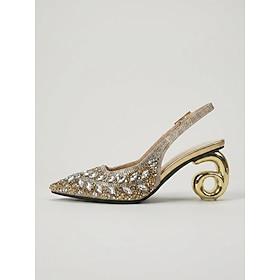 Kvinders guld glimmer slingback pumps med krystaludsmykning og geometrisk skulpturel hæl - sexede arkitektonisk statement hæle til fester