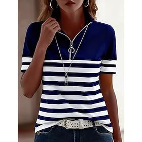 Women's T Shirt Zipper Quarter Zip Striped Graphic Geometric Color Block Vintage Tropical Hawaiian Short Sleeve High Neck Regular Tops Beach Wedding Casual Dai