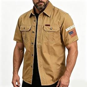Men's 4th of July U.S. 250th Anniversary American Flag Cotton Work Shirts Western Shirt Cargo Shirt Short Sleeve Army Militray Patriotic Casual WorkWear Turndo