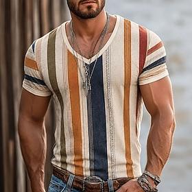 Herre Farveblok Stribe T-shirt Kortærmet T-shirt 3D-udskrivning V-hals Skjorte Ferie Afslappet Daglig Ferie Rød Orange Brun Forår sommer Tøj S M L XL XXL XXXL