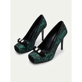Smaragdgrønne høje hæle til damer med blonder - elegante pumps med firkantet tå og sløjfe i rhinsten stilettohæl til daglige sociale begivenheder, aftenfester