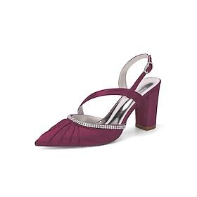 Damesko med bordeauxrød satin og blokhæl - elegante sko med rhinstensdetaljer til cocktailparties og aftenarrangementer