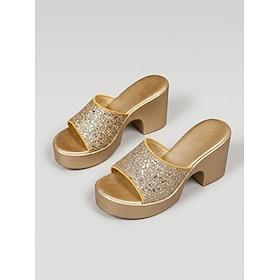 Damesandaler med champagnefarvet platform og blokhæl - glitter resort-sandaler til feriemiddage, strandfester og sommeraftener