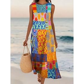 Women's Midi Dress Casual Dress A Line Dress Elegant Regular Fit Graphic Geometric Abstract Sleeveless Crew Neck Blue Yellow Summer Spring