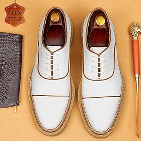 Herresko i ægte læder i premiumkvalitet med hvide tåspidser og oxford-sko med snørebånd, klassiske formelle sko, elegante herresko til brudgommen, bryllupper,