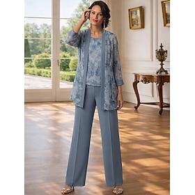 Pantsuit 3 -dels jakkesæt Buksedragt Gulvlang Kjole til brudens mor Uden ærmer 3/4-ærmer Scoop hals Elegant Enkel Minimalistisk Formel Bryllupsgæst Formel afte