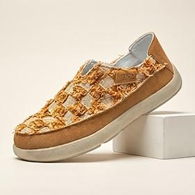 Men's Beige Woven Slip-On Casual Sneakers Lightweight Comfort Walking Shoes Fashion Low Top Footwear for Daily Wear, Travel, Weekend Outings and Leisure Style