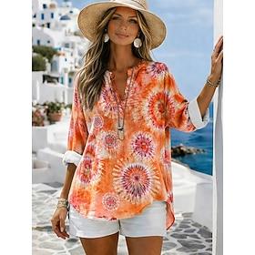 Women's Blouse Print Graphic Tie Dye Abstract Vintage Daily Stylish Long Sleeve V Neck Regular Tops Casual Daily Blue Yellow Purple Orange Summer Spring
