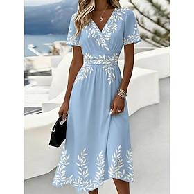 Women's Midi Dress Wrap Dress A Line Dress Vacation Casual Boho Outdoor Beach Going out Regular Fit Floral Graphic Short Sleeve V Neck Blue Summer Spring