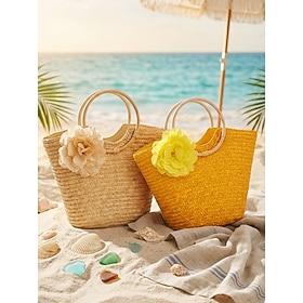 Dame boheme vævet tote-taske, flerfarvet håndtaske med stor kapacitet og lynlås, ringhåndtag og 3D-blomst til strandferie, dagligt afslappet tøj