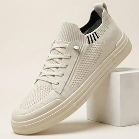 Men's White Knit Casual Sneakers Lace-Up Lightweight Breathable Comfort Walking Shoes Minimalist Low Top Footwear for Daily Wear, Travel, Commuting and Weekend