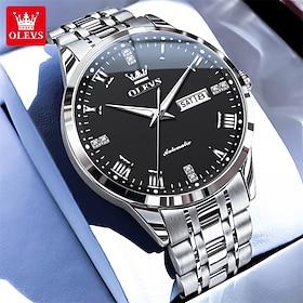 OLEVS Men's Automatic Mechanical Watch, Luxury Stainless Steel Business Dress Watch for Men, Self Winding Wristwatch with Day Date, Waterproof Luminous Diamond