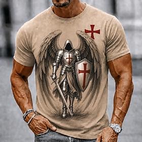 Men's Knights Templar Crusaders Cross T Shirt Short Sleeve T shirt 3D Print Crew Neck Shirt Religious Daily Street Holiday Black Khaki All Seasons Clothing App