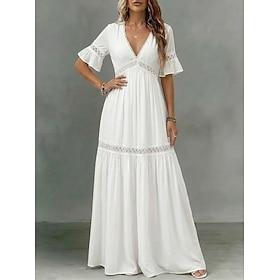 Women's Maxi Dress Lace Dress White Dress Elegant Fashion Beach Vacation Holiday Regular Fit Plain Half Sleeve V Neck White Summer Spring