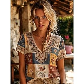 Women's T Shirt Print Floral Graphic Tribal Stylish Classic Casual Short Sleeve V Neck Regular Tops Casual Daily Yellow Summer Spring