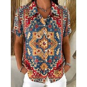 Women's Shirt Buttons Print Graphic Geometric Vintage Daily Stylish Short Sleeve Shirt Collar Regular Tops Casual Daily Blue Red Summer Spring