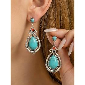 Women's Boho Turquoise Earrings - Vintage Alloy Teardrop Dangle Earrings with Ethnic Engravings for Summer Beach Vacation, Daily Casual Wear Bohemian Hippie J