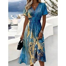 Women's Midi Dress Wrap Dress A Line Dress Vacation Casual Boho Outdoor Beach Going out Standard Fit Graphic Abstract Short Sleeve V Neck Blue Summer Spring