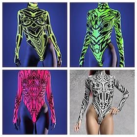 Kvinders cyber mech højt skåret trikot 3D-printet langærmet bodysuit futuristisk robotkriger jumpsuit sexet rave festoutfit festivaltøj