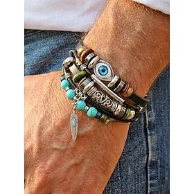 Boho læderarmbåndssæt til mænd - flerlags stabelbart armbånd med turkis fjervedhæng, justerbar etnisk flettet sjal til sommerferie ved stranden dagligt afslapp