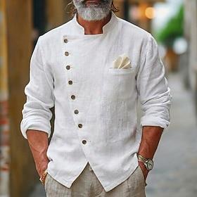 Men's Shirt Linen Shirt Summer Shirt Beach Shirt Solid Color Casual Vacation White Long Sleeve Mandarin Collar Spring  Summer Summer Clothing Apparel Pocket