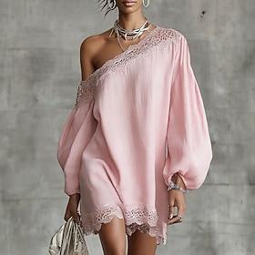 Women's Mini Dress Boho Dress Elegant Vacation Loose Fit Plain Long Sleeve Off Shoulder claret pale pinkish gray Black Summer
