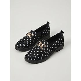 Retro loafers med polkaprikker til kvinder - stilfulde sorte hvide ruskindssko med guldkædedetalje Chunky sål til daglig afslappet brug, street style skole