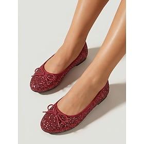 Women's Red Glitter Ballet Flats - Sparkling Round Toe Slip-On Shoes with Cute Bow Detail for Daily Wear, Office Commuting Elegant Casual Styling