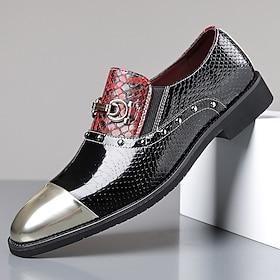 Men's Black and Red Snakeskin-Print Loafers Metal Cap Toe Statement Dress Shoes Slip-On Gentleman Footwear for Stylish Men, Weddings, Parties, Prom and Stage P