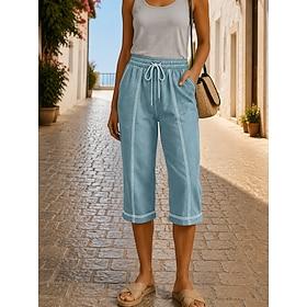 Women's Capri Pants Faux Cotton Linen Cooling Vacation Casual Capris High Waist dark brown Black White Sky Blue Summer Spring Fall