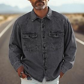 Men's Shirt Summer Shirt Casual Shirt Button Up Shirt Denim Shirt Black Blue Long Sleeve Plain Lapel Vacation Hawaiian Front Pocket Clothing Apparel Polyester