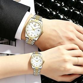His and Hers Watches for Couples, Classic Two Tone Gold Stainless Steel Luxury Wristwatch Set with Date Calendar, Crystal Markers Quartz Watch for Men Women, M