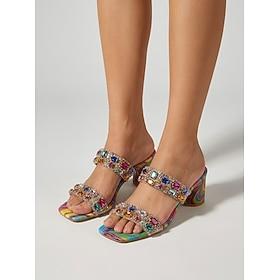 Women's Colorful Block Heel Slide Sandals - Crystal Embellished Resort Mules for Vacation Dinners, Beach Parties and Summer Evenings