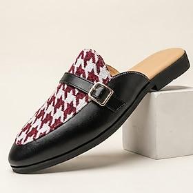 Men's Black and Red Houndstooth Mule Loafers Double Monk Strap Slip-On Dress Shoes Bold Statement Footwear for Stylish Men, Parties, Banquets, Prom and Fashion