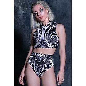 Kvinders 2-delt rave-outfit med psykedelisk grafisk print, hættetrøje, crop top og højtaljede shorts, trippy visuel musikfestival-tøj
